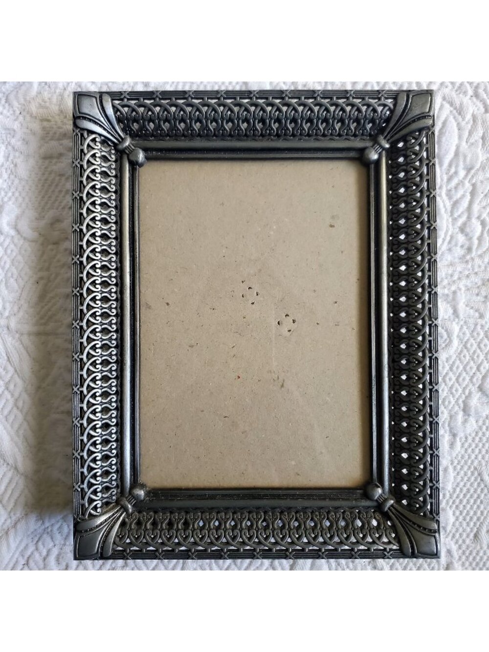 Vtg Ornate Filigree Photo Frame 7x9 Holds 4.5x6.5 Fleur-de-Lis pewter open work